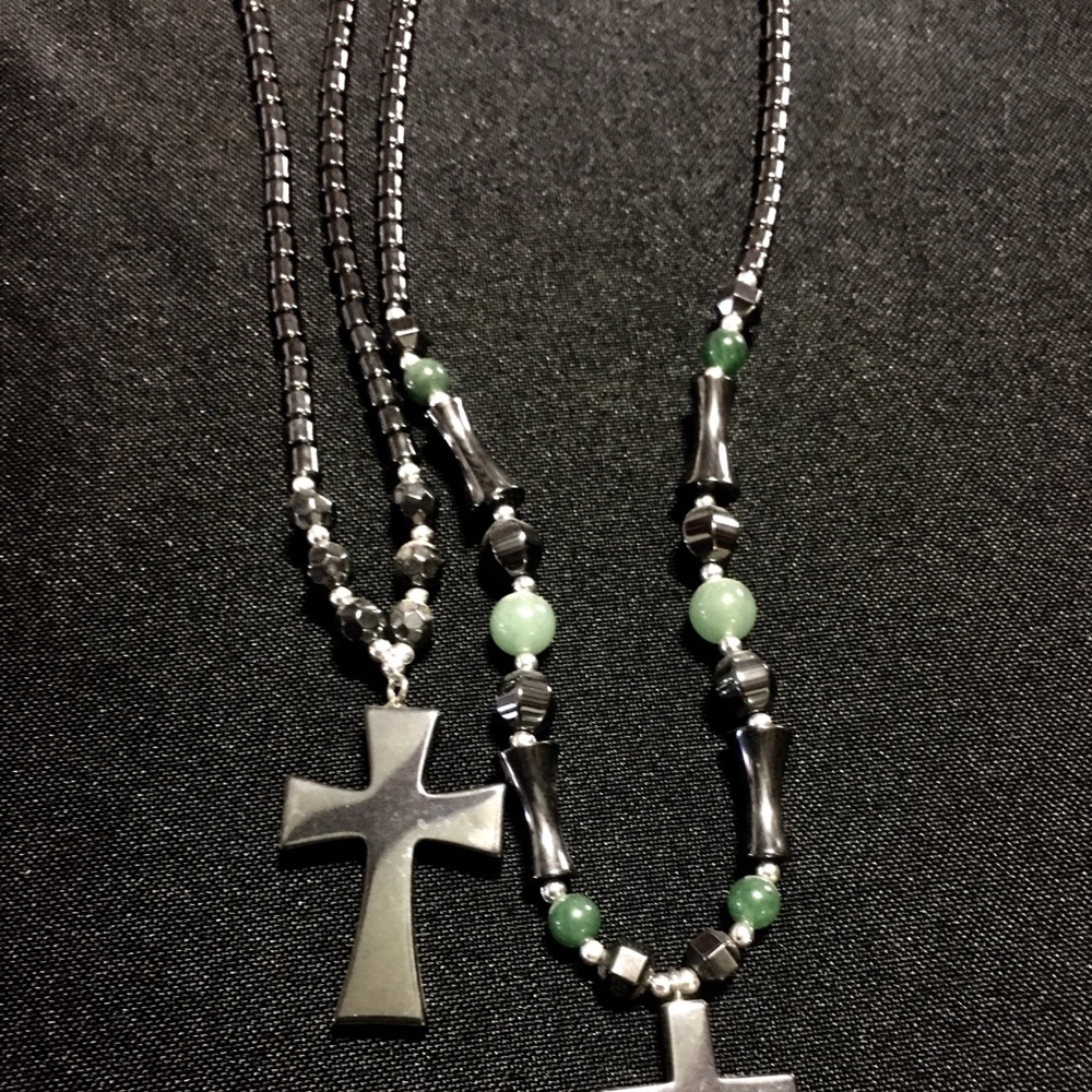 Two custom made jade hematite cross necklaces new